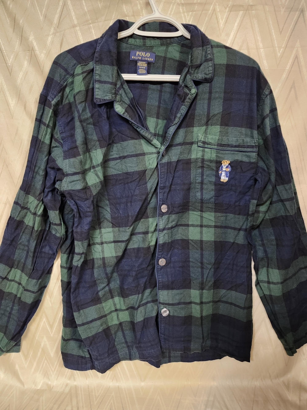 Polo by Ralph Lauren Green and Navy Plaid Button-Down Pj Shirt with Bear Patch